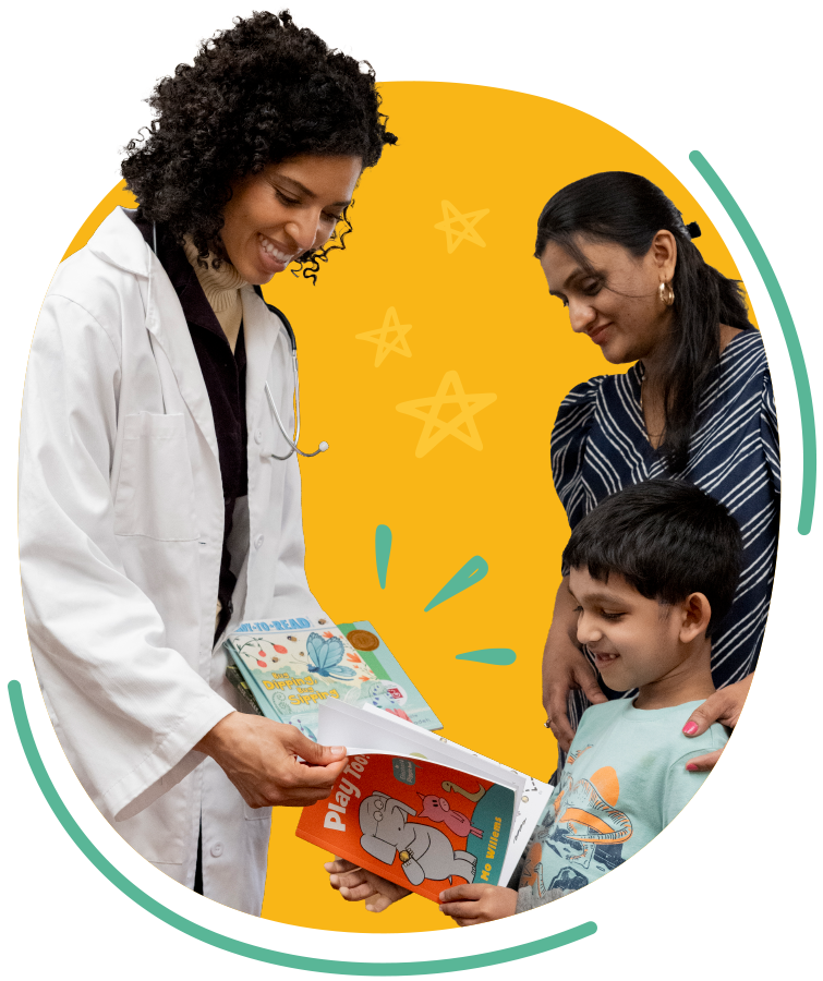Mom and Son Talking to Doctor and Reading Books